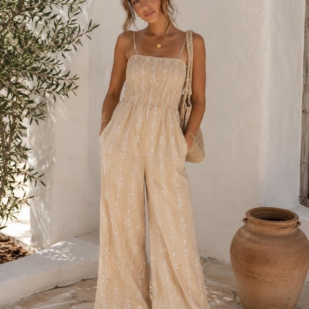 Rebecca Taylor Tulip Smocked Jumpsuit in Marzipan Combo